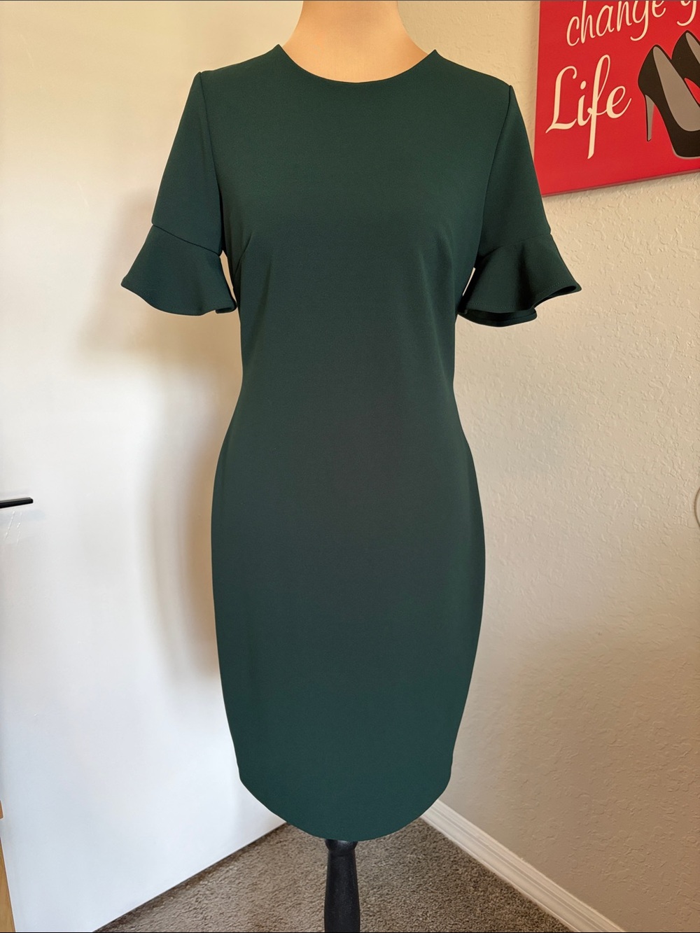 Calvin Klein Dark Green Ruffle-Sleeve Sheath Midi Dress size 6